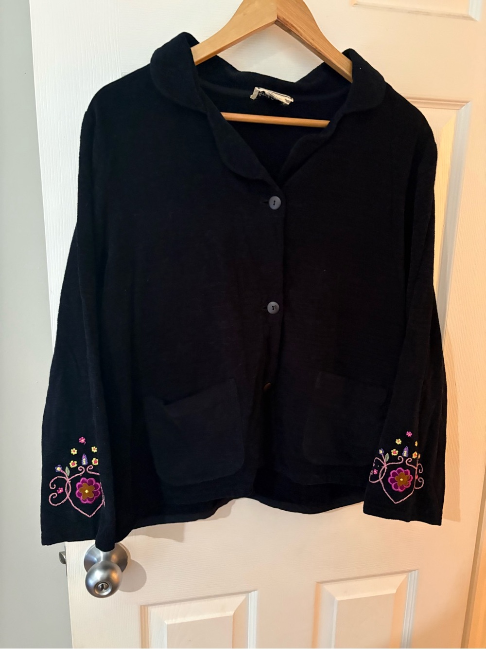 April Cornell black embroidered knit button up cardigan jacket size small